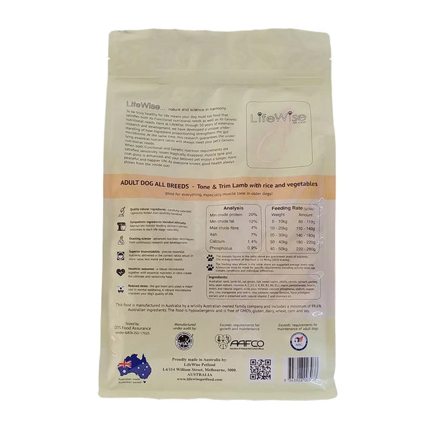 LifeWise Pet Food - Adult Dog - Tone & Trim Lamb with oats and vegetables back packaging