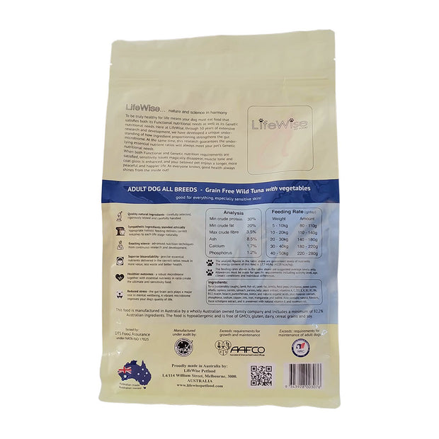 LifeWise Pet Food - Adult Dog - Wild Tuna with vegetables (gf) back label